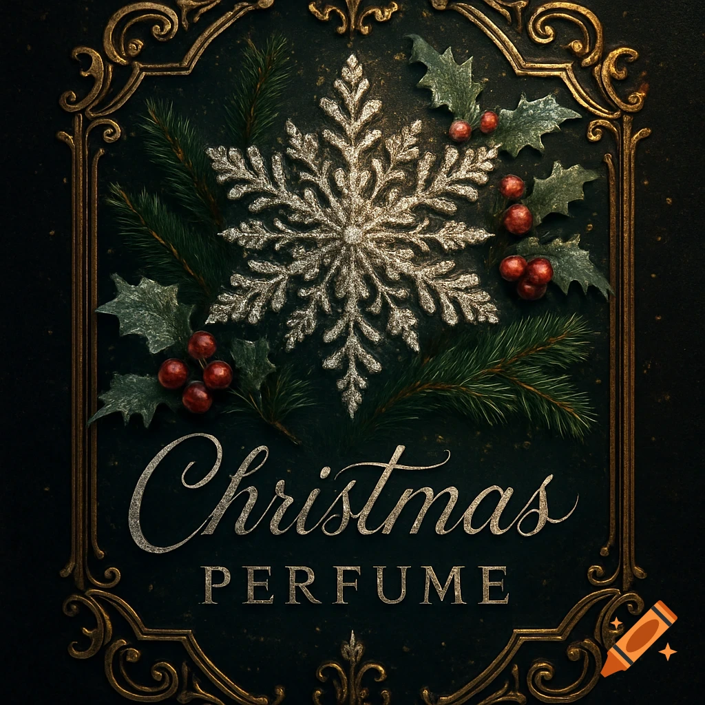 An ornate Christmas perfume label featuring a glittery snowflake, pine needles, and red berries, with the text 'Christmas PERFUME'.