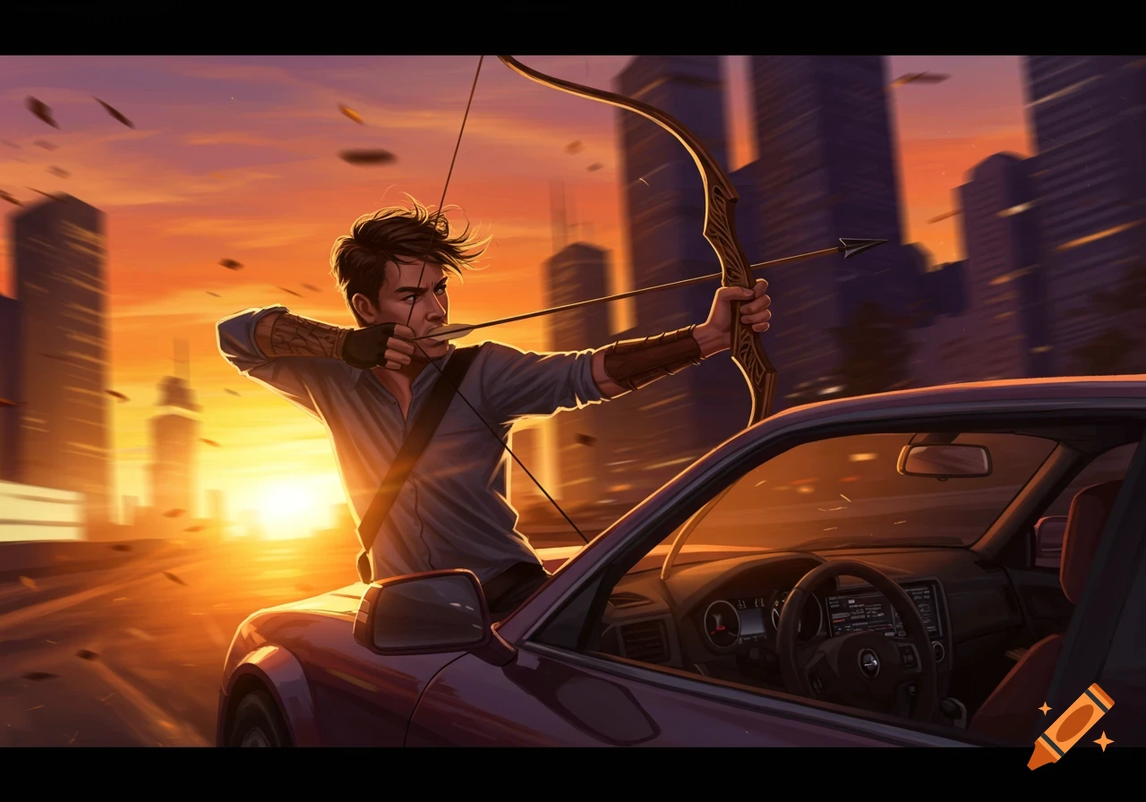 Man shoots bow and arrow from a moving car on a highway at sunset with a city skyline, digital painting.