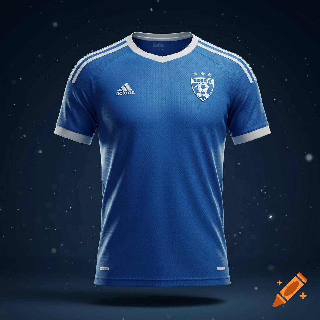 A blue and white soccer jersey featuring an Adidas logo and a crest with 'SOCCER' text, floating against a dark, speckled background.