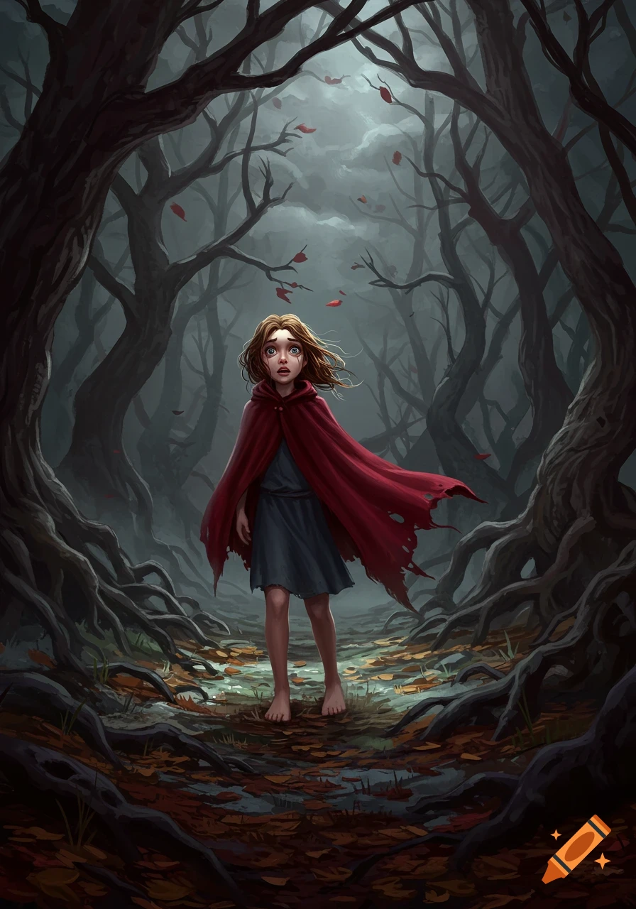 A terrified girl in a red cape stands barefoot in a dark, gnarled forest with mist and falling red leaves.