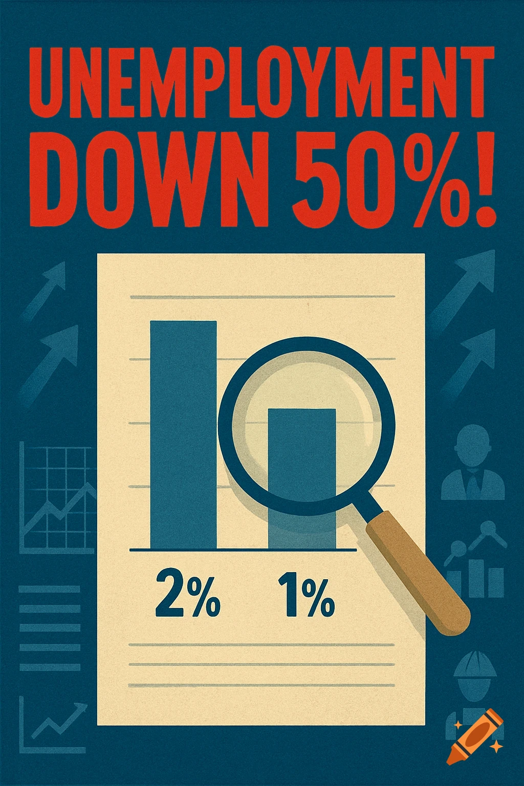 A vintage-style poster with 'UNEMPLOYMENT DOWN 50%!' and a bar chart showing 2% and 1% with a magnifying glass.