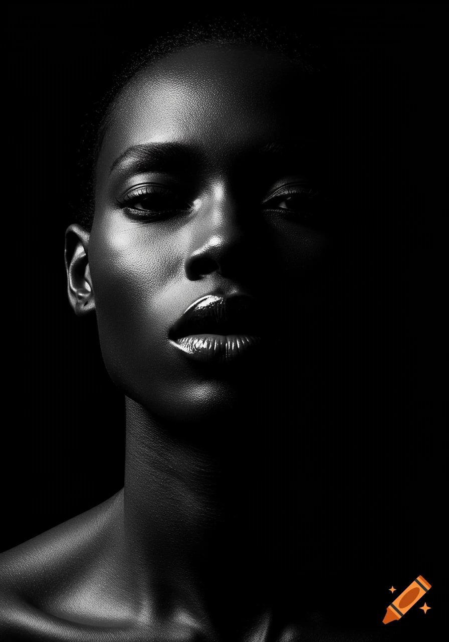 A striking black-and-white close-up portrait of a person with smooth, reflective skin and glossy lips, dramatically lit against a dark background.