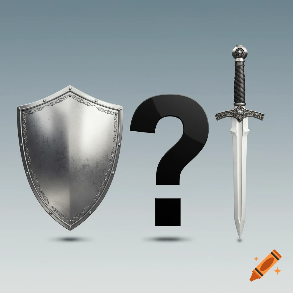 A graphic depicting a silver shield on the left, a large black question mark in the center, and a silver sword on the right, all on a gray background.
