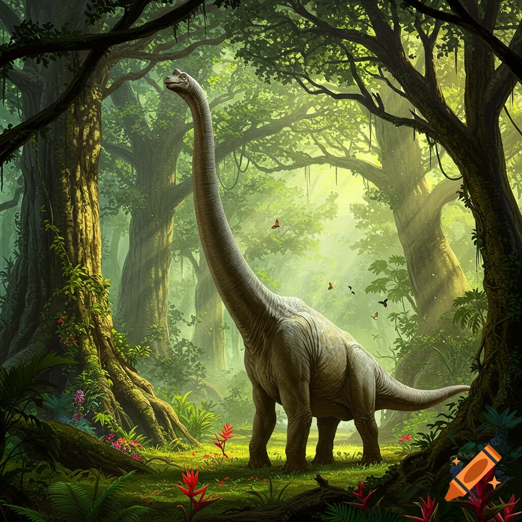 A large brachiosaurus dinosaur stands amidst lush green trees and red flowers in a sun-dappled jungle, looking up.