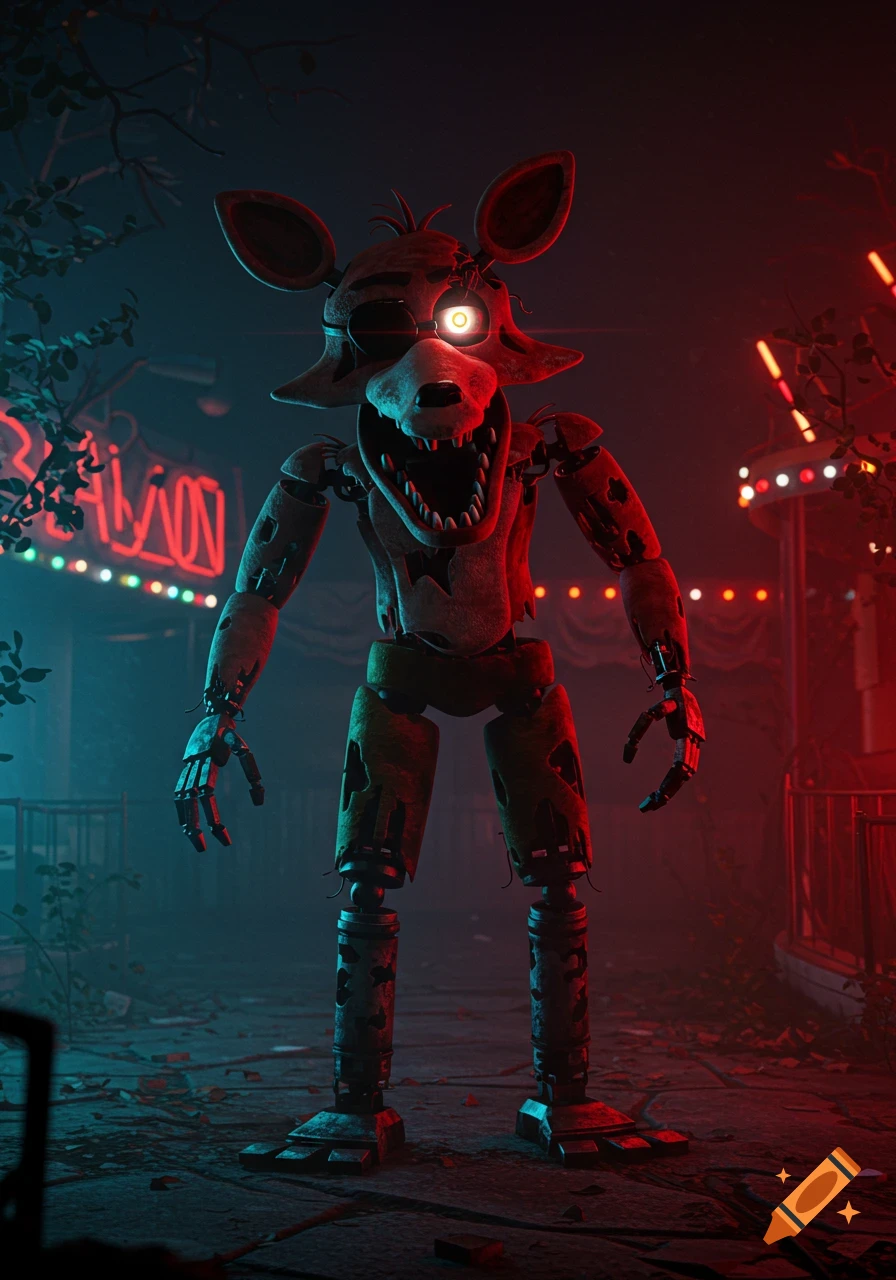 An eerie, broken animatronic fox with a glowing red eye stands in a derelict amusement park under dramatic red and blue lighting.