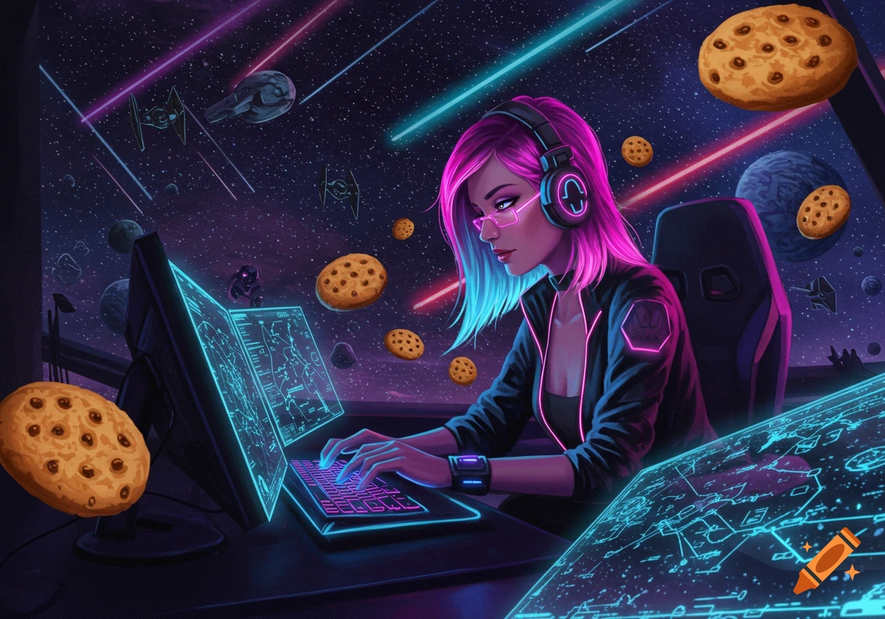 Neon gamer girl with pink hair and headphones typing at a PC in a Star Wars space scene with floating cookies, digital art.