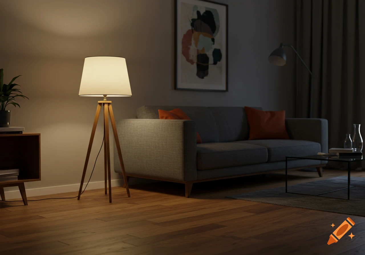 A modern living room at night with a lit corner tripod floor lamp, gray sofa, and abstract art.