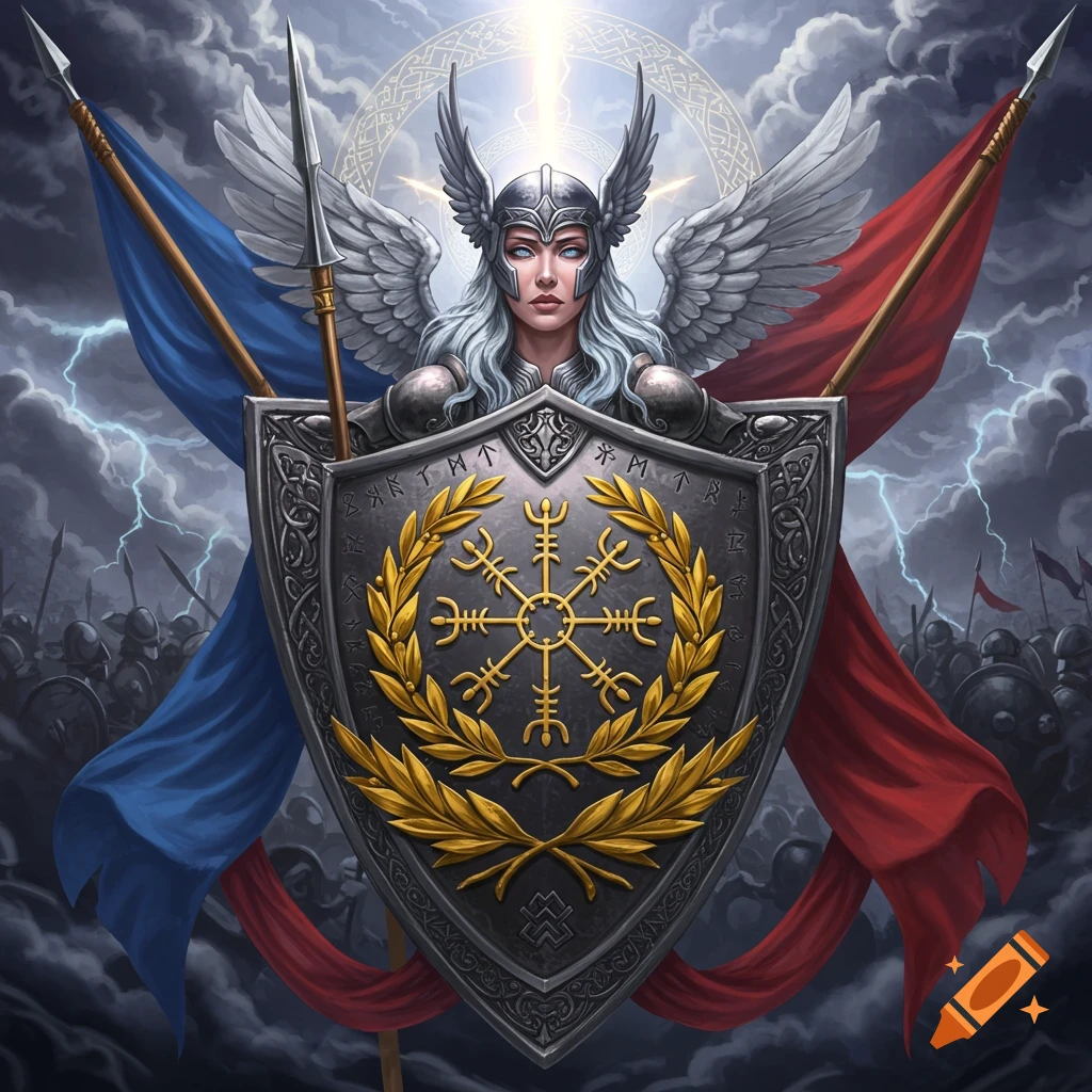 A powerful Valkyrie in a winged helmet and armor holds a shield with a golden runic symbol, framed by two spears and flags against a stormy, lightning-filled sky above a battlefield.