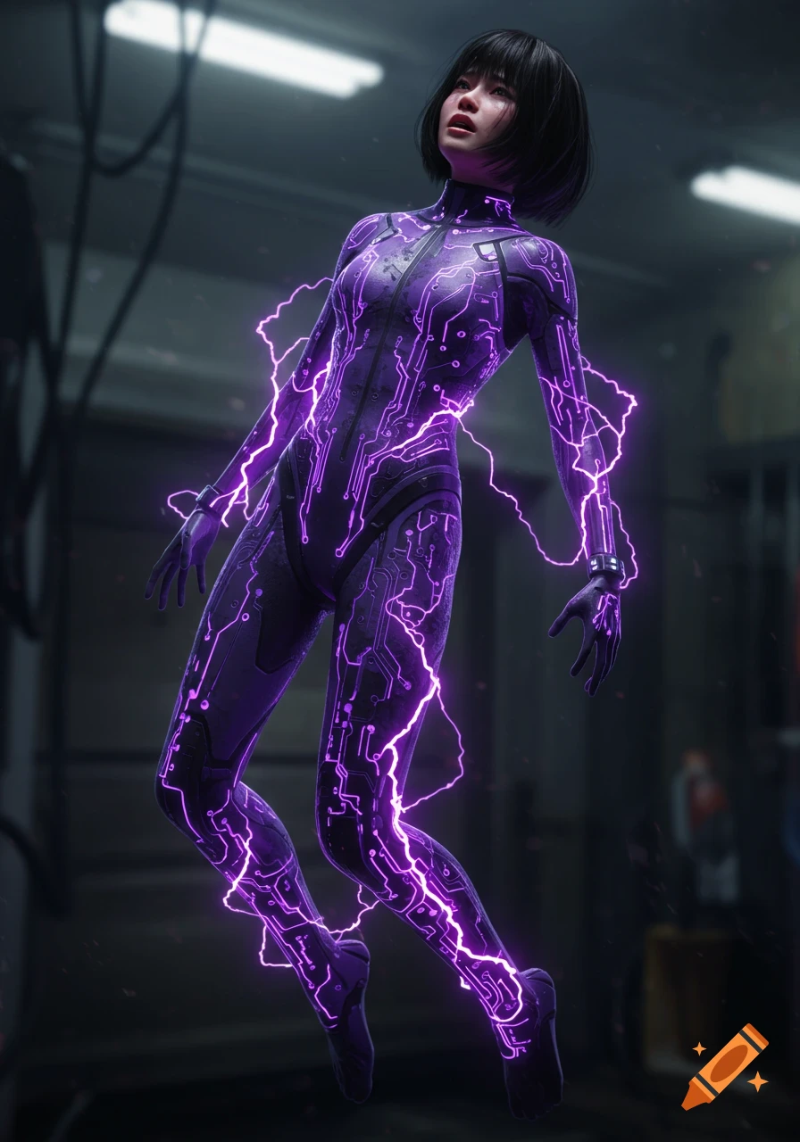 Photorealistic depiction of a Japanese woman in a high-tech purple bodysuit, with glowing electrical energy, floating in a dark, futuristic setting.