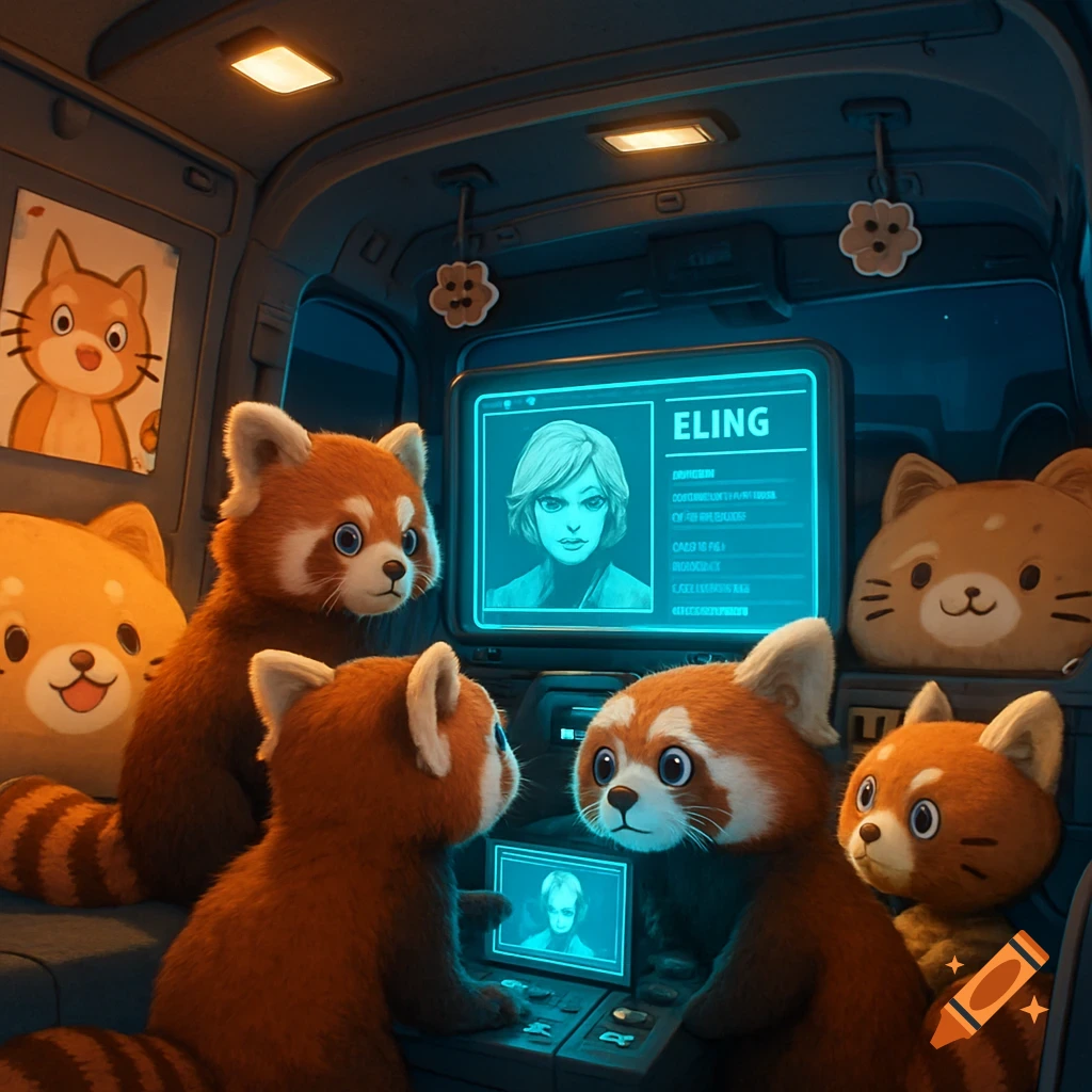 Cute red pandas in an FBI surveillance van with cat-themed decor, looking at a screen displaying a profile of a person named ELING.