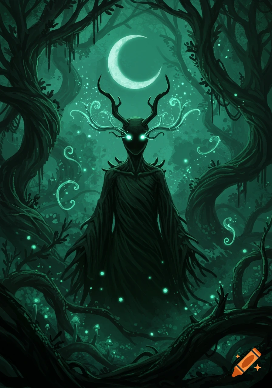 A dark, spectral forest spirit with antlers and glowing eyes stands under a crescent moon in a mystical, emerald-green forest.