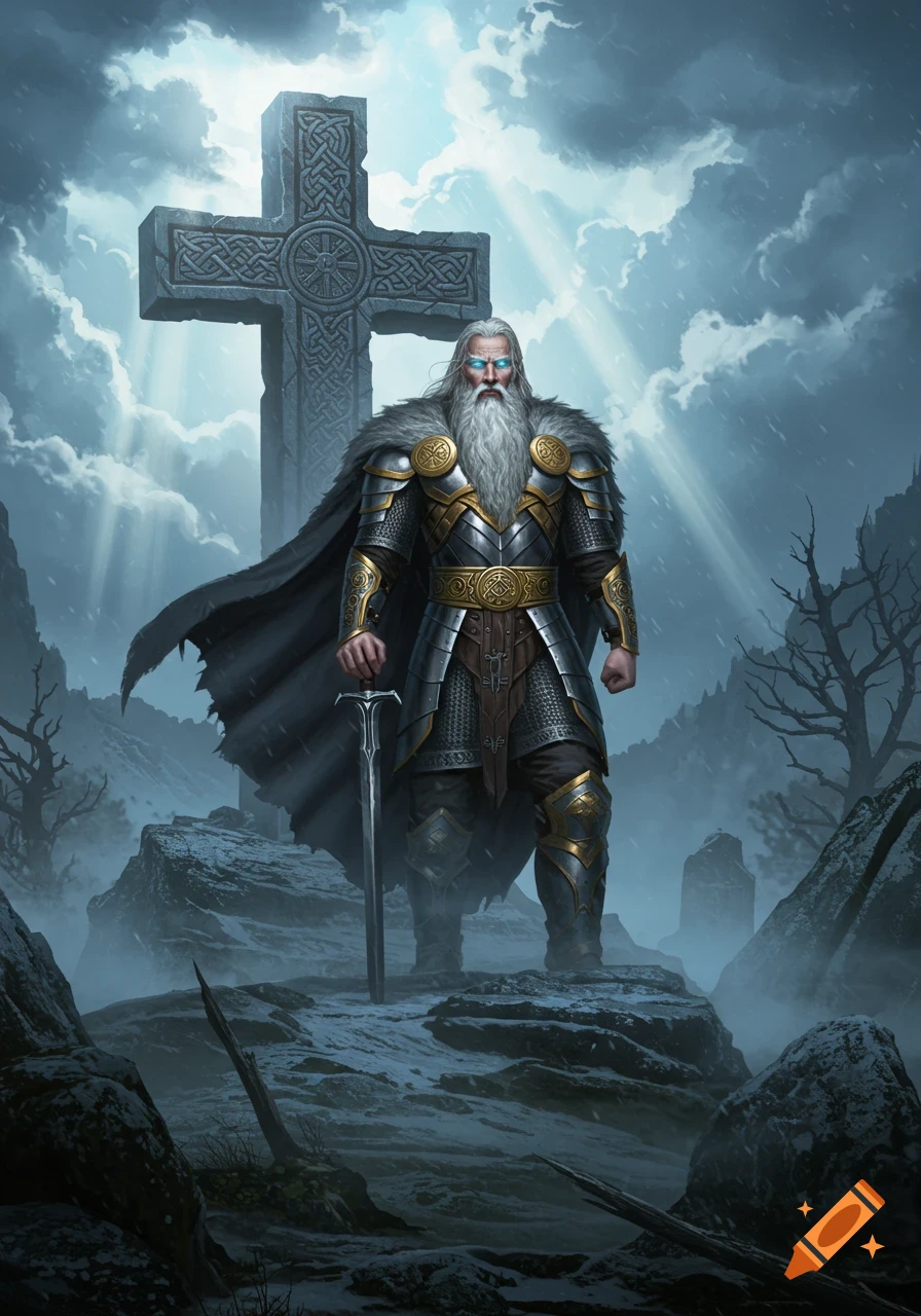 A white-bearded warrior with glowing blue eyes, clad in ornate armor and a cape, stands before a large stone Celtic cross in a snowy, foggy mountain landscape, holding a sword.