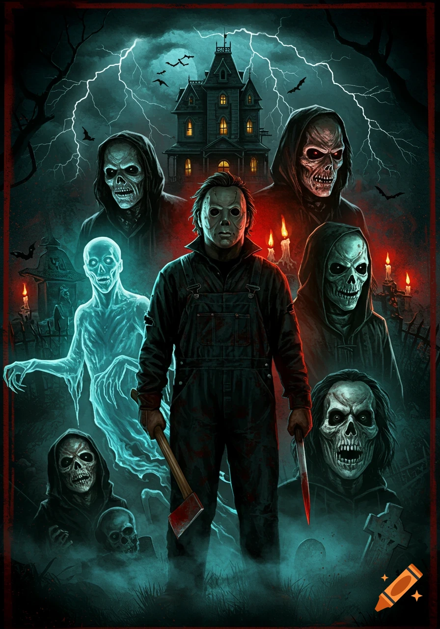 Illustrative horror poster featuring Michael Myers holding an axe and bloody knife, surrounded by hooded skull figures, a ghost, and a haunted house under lightning.