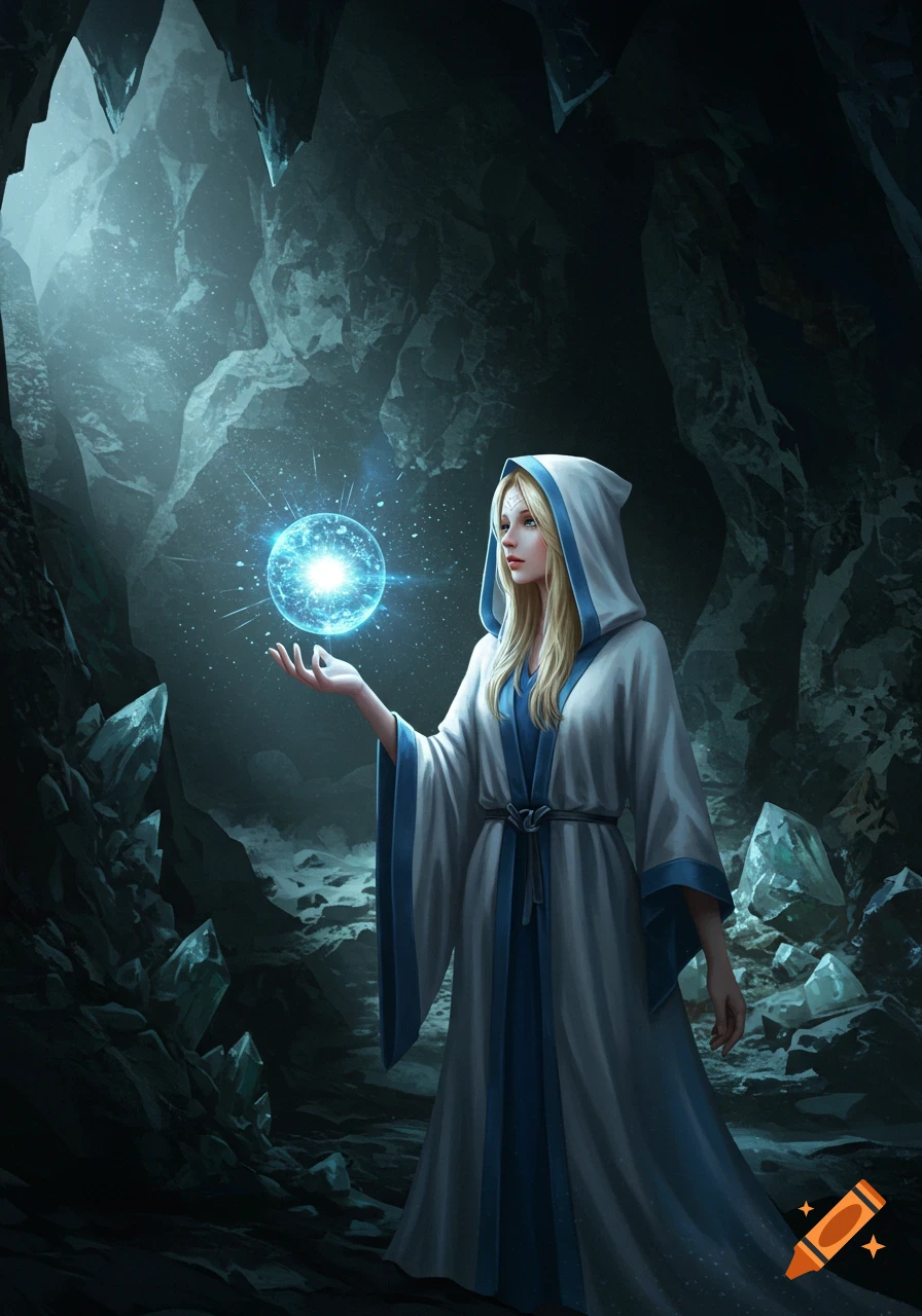 A blonde woman in a white and blue hooded robe holds a glowing blue orb in a dark, crystalline cave, digital art.