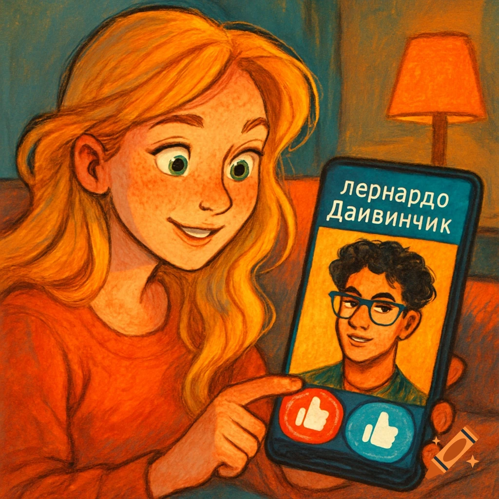 A smiling cartoon girl with long red hair and freckles taps a 'like' button on a phone screen, showing a cartoon boy.