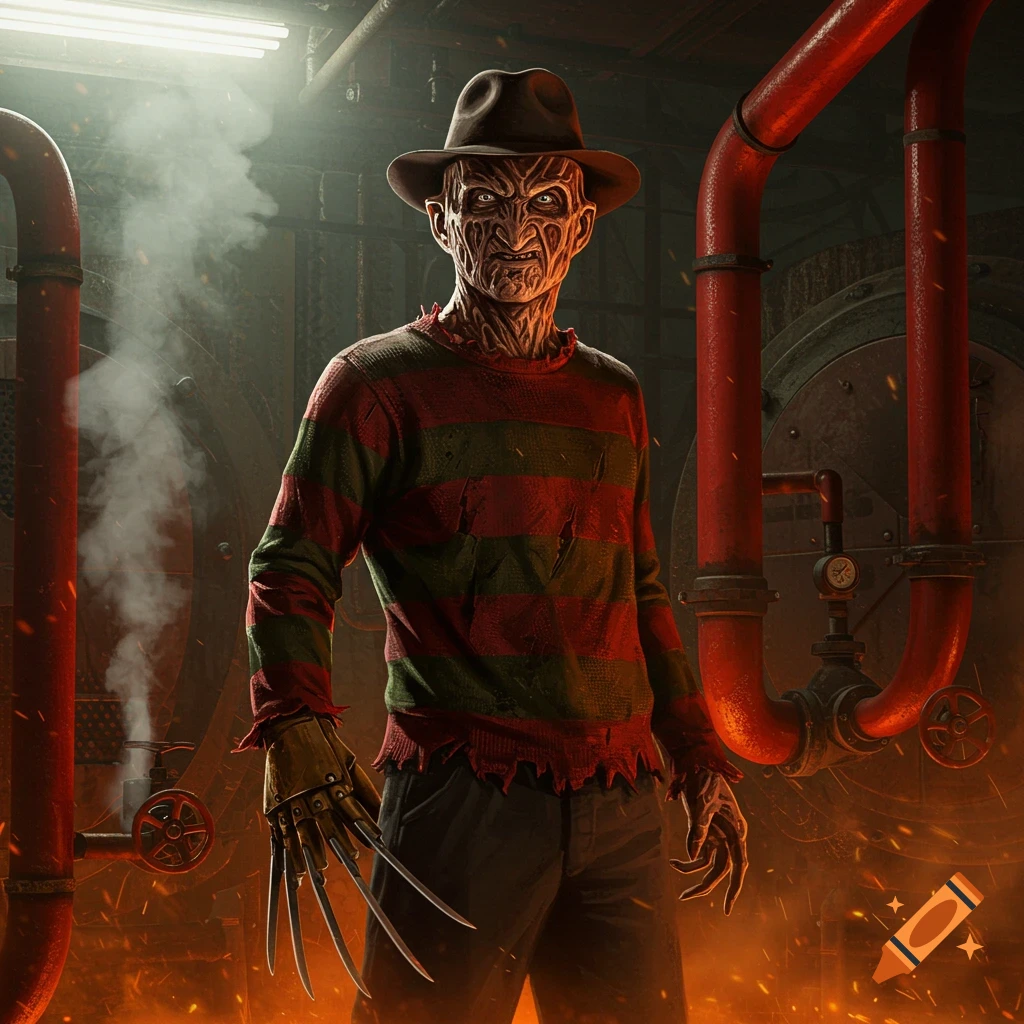 Freddy Krueger stands menacingly in a fiery boiler room with red pipes and steam, wearing his striped sweater, fedora, and clawed glove.