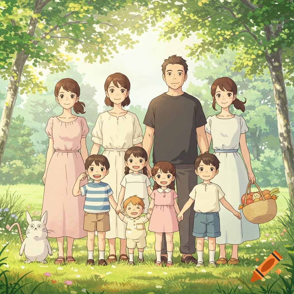 A Ghibli-style animated family of six, two adults and four children, stand holding hands in a sunny, lush green forest with a white rabbit.