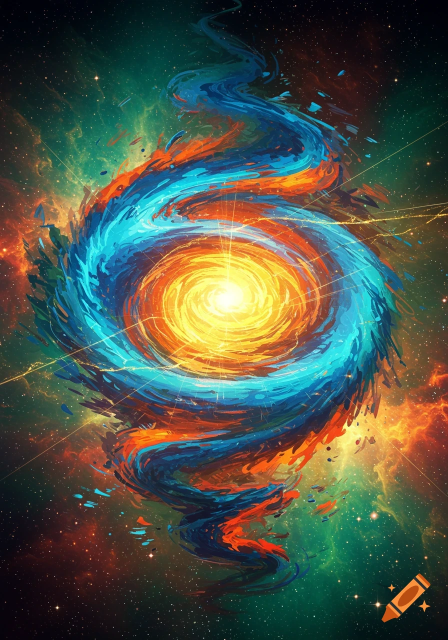 A vibrant abstract cosmic art piece featuring a swirling blue and orange galaxy-like form with a bright yellow core against a starry nebula background.