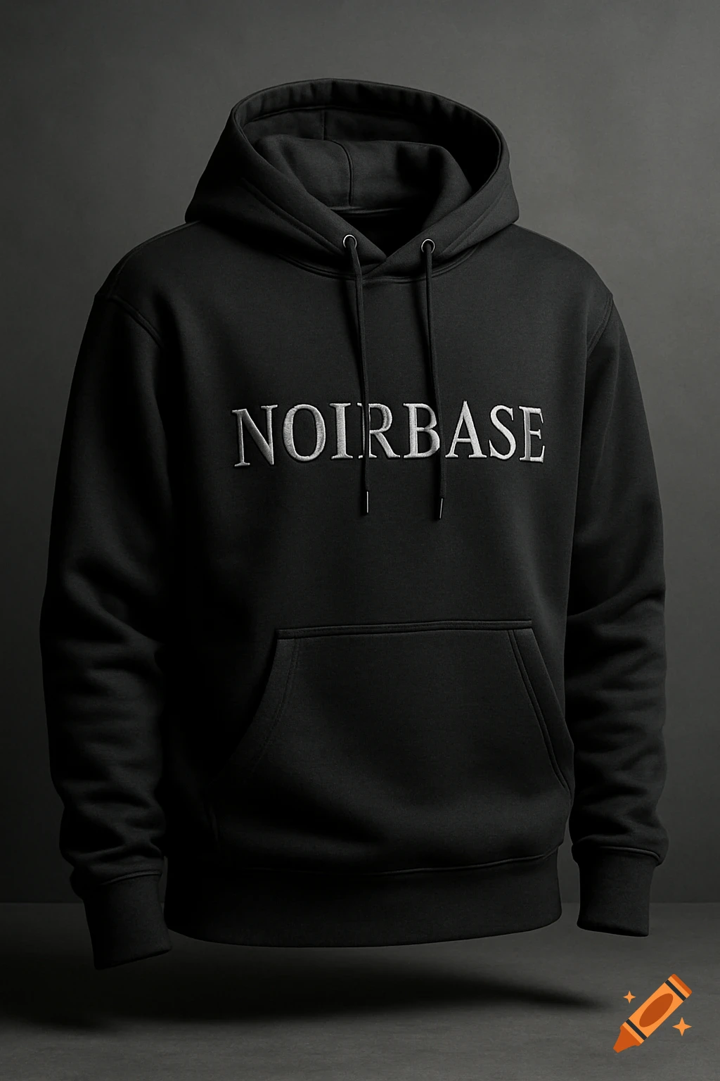 A black hoodie with the word "NOIRBASE" embossed in silver on the chest, against a dark gray background.