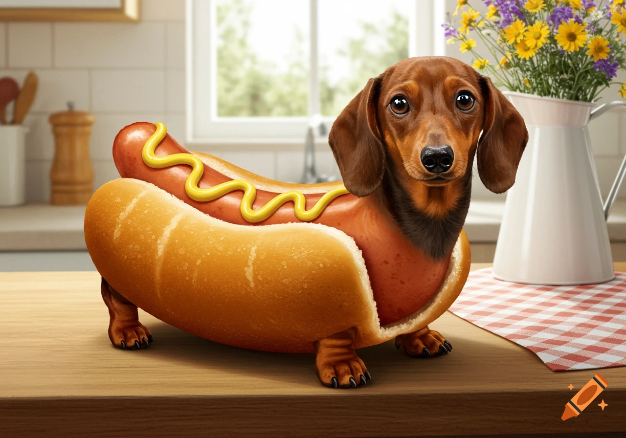 Photorealistic image of a dachshund dog as a hotdog in a bun with mustard, sitting on a kitchen counter.