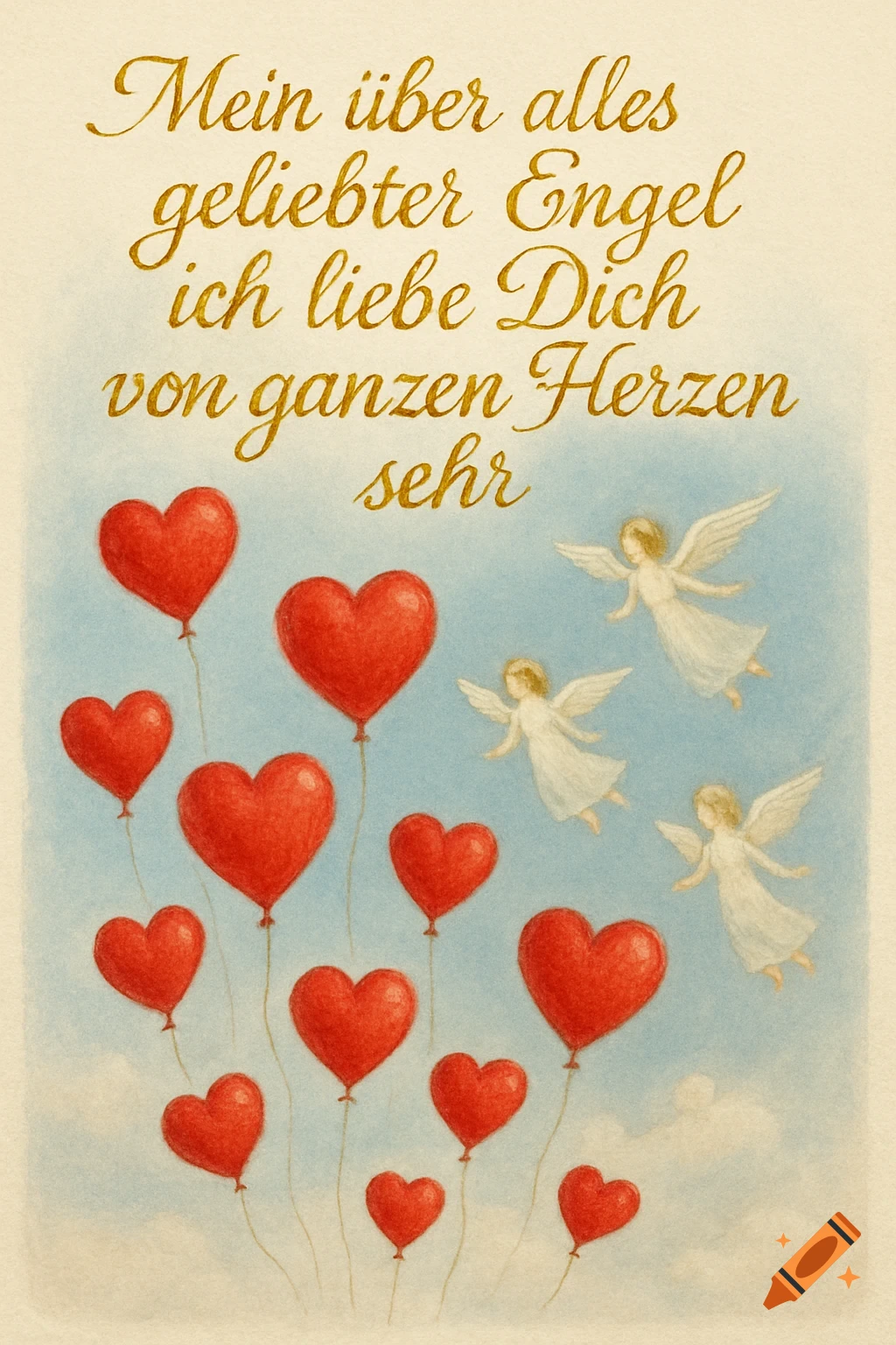 Watercolor greeting card with golden text, red heart-shaped balloons, and three flying angels in a blue sky.