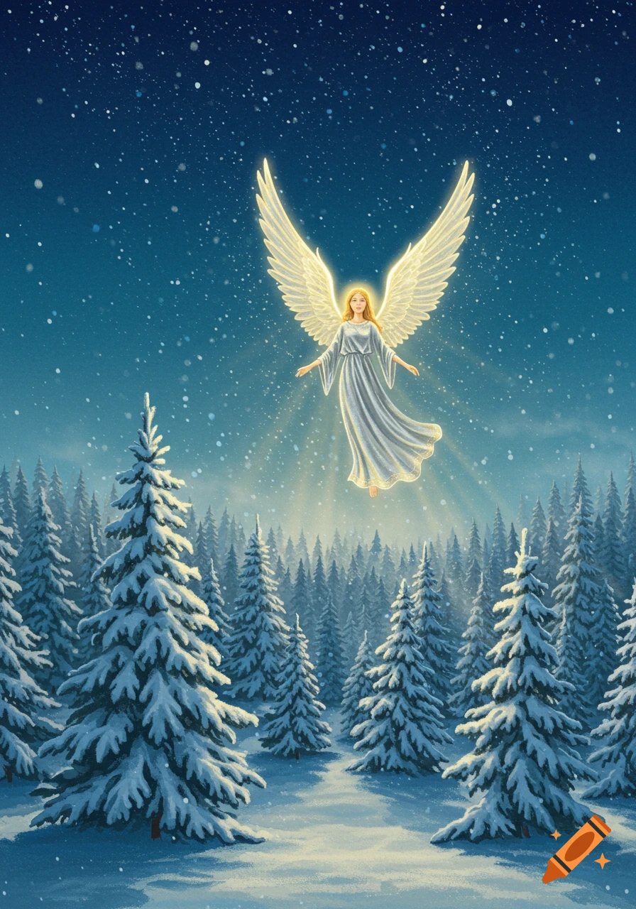An illuminated angel with bright white wings and a flowing gown floats above a snow-covered pine forest under a dark, starry winter sky, illustration.