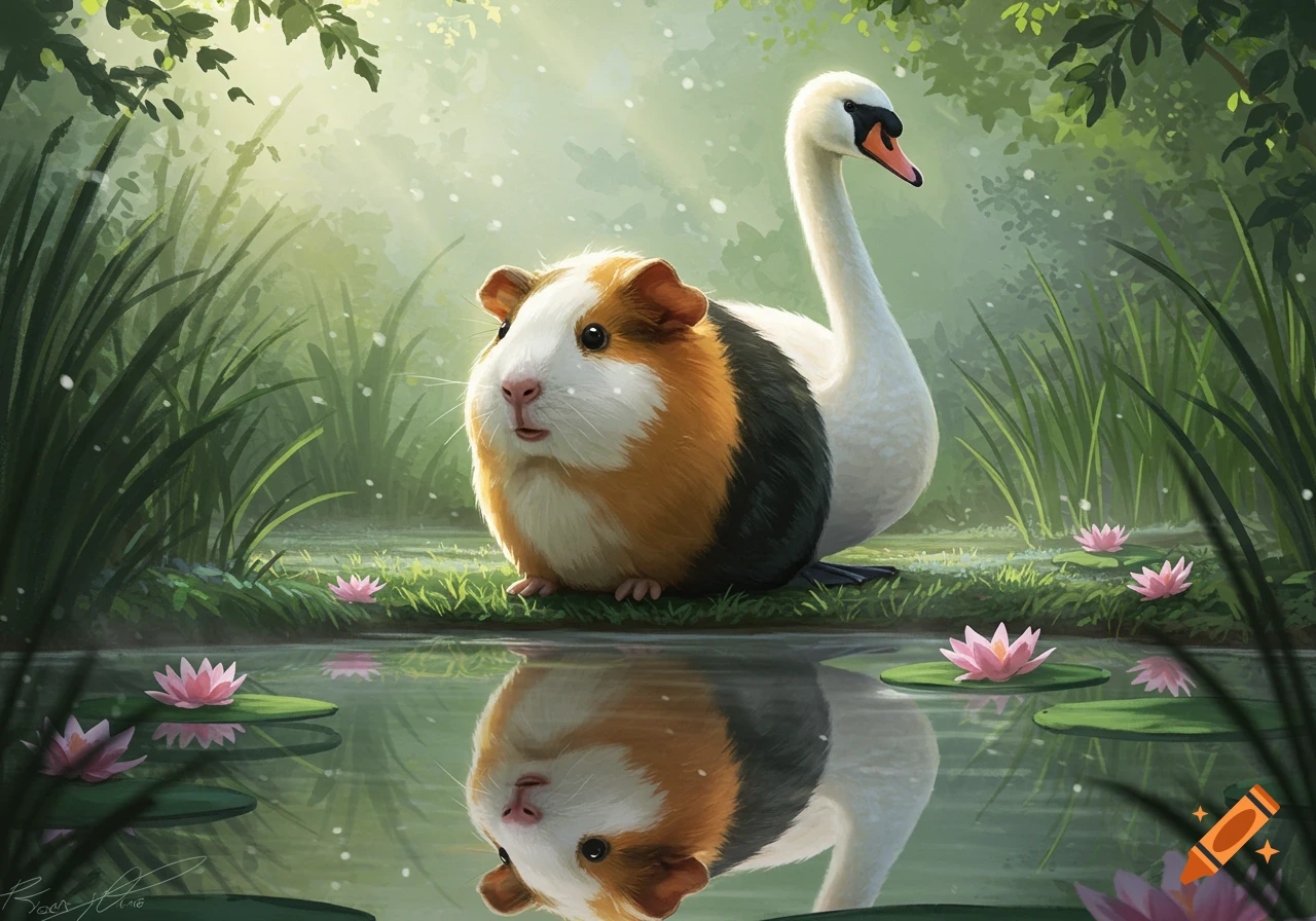 A cute guinea pig-swan hybrid with panda fur sits by a pond reflecting water lilies in a sunlit forest, digital art.