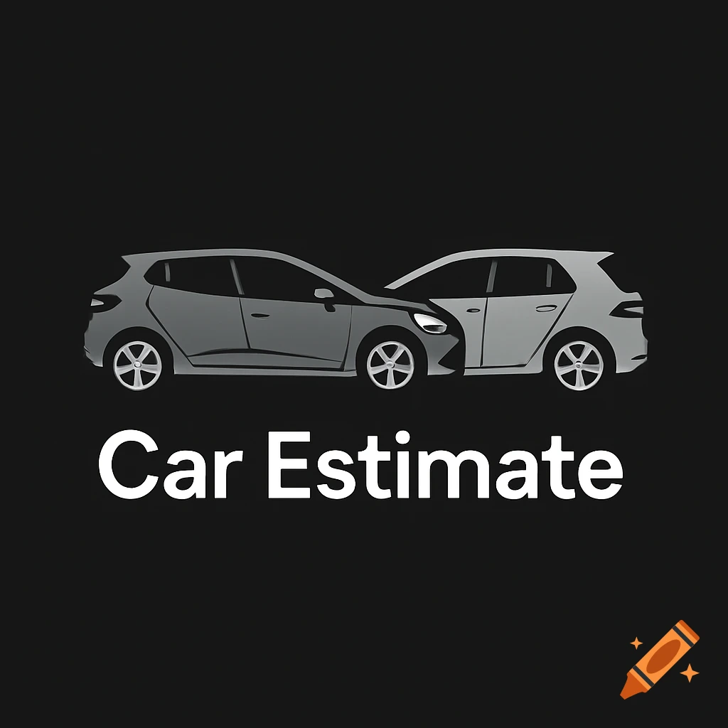 Minimalist vector logo of a dark grey car rear-ending a light grey car, with 'Car Estimate' text below on a black background.