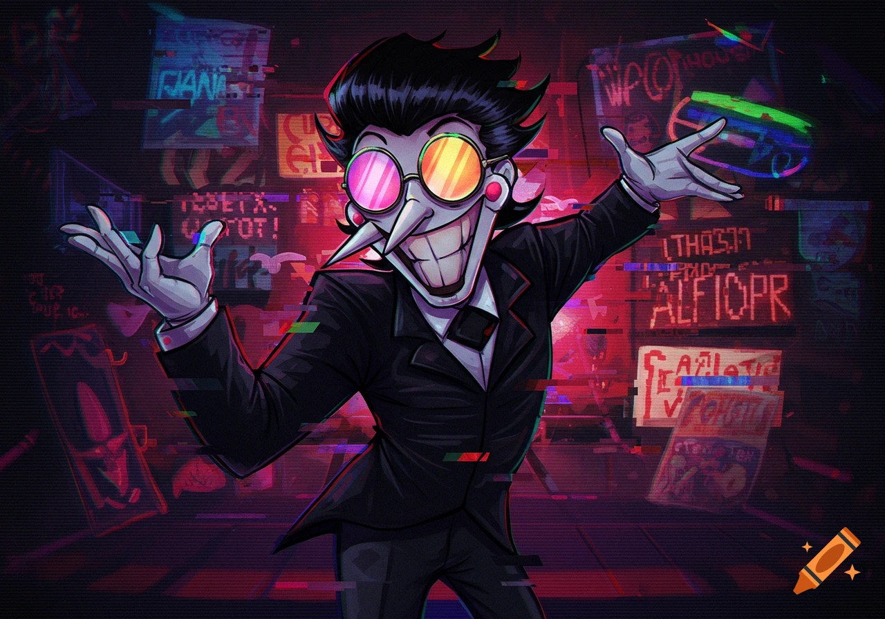 A stylized, sharp-nosed cartoon character in a black suit, white gloves, and mismatched pink and yellow glasses smiles broadly, gesturing against a dark, glitchy cyberpunk background with neon signs.