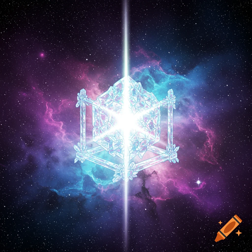 A bright crystalline structure, possibly a loom, emits a light beam in a vibrant purple and blue nebula space scene, manga style.