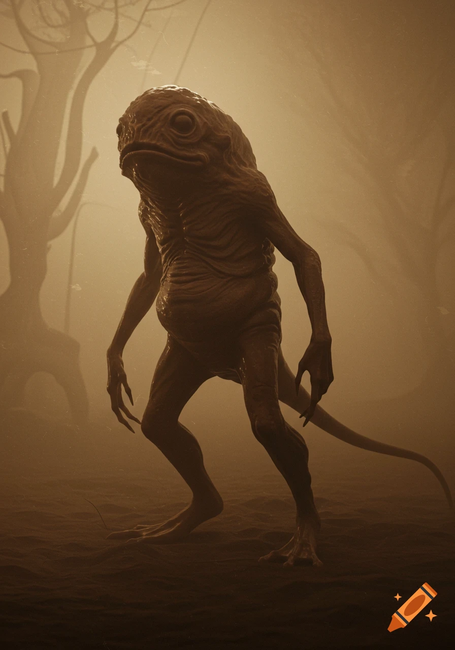A grotesque, frog-like creature with wrinkled skin, long limbs, and a tail stands in a misty, dark brown landscape with bare trees.