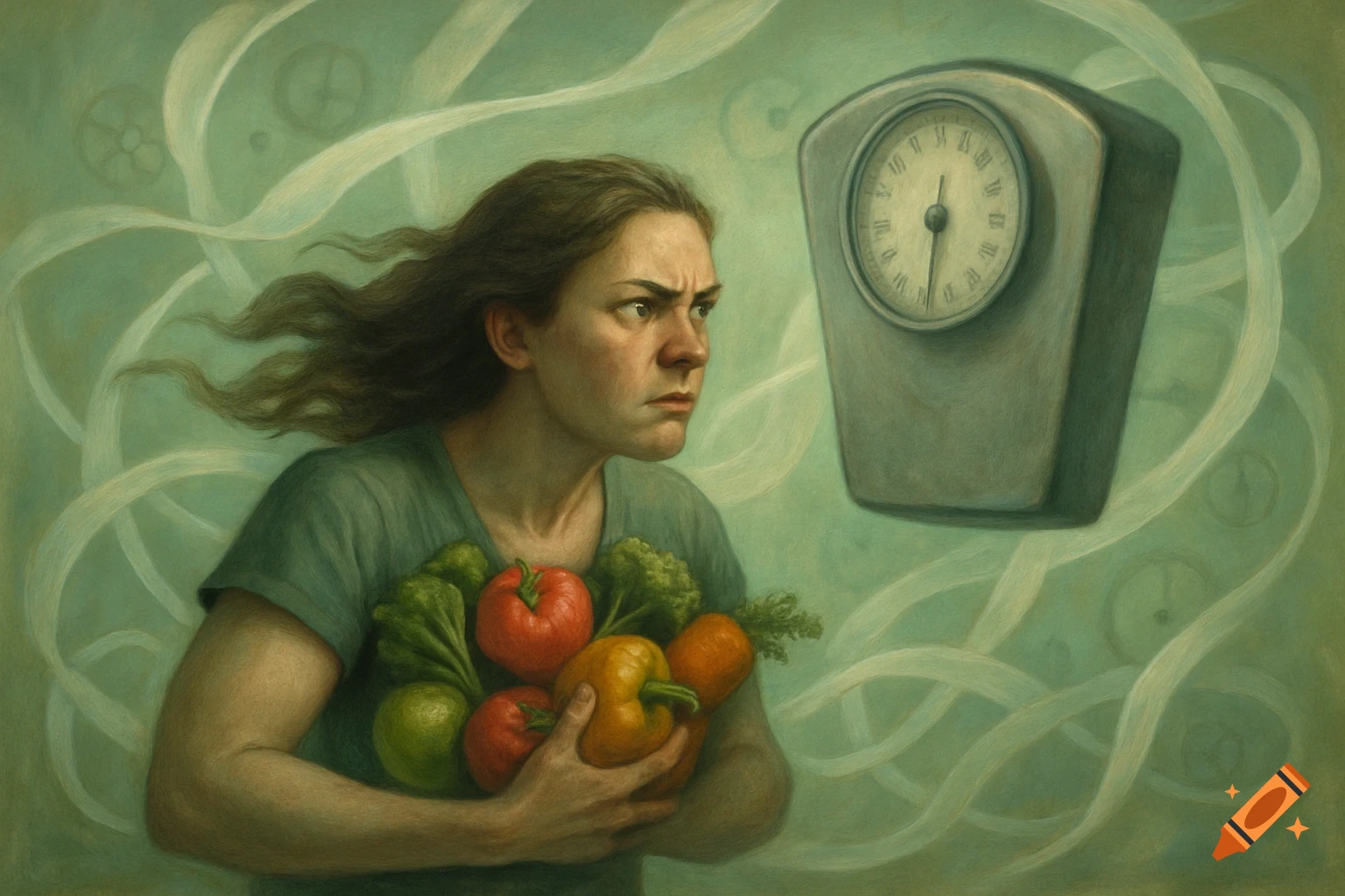 A person with windswept hair holds a collection of fresh vegetables, staring intently at a floating weight scale in a painted style.
