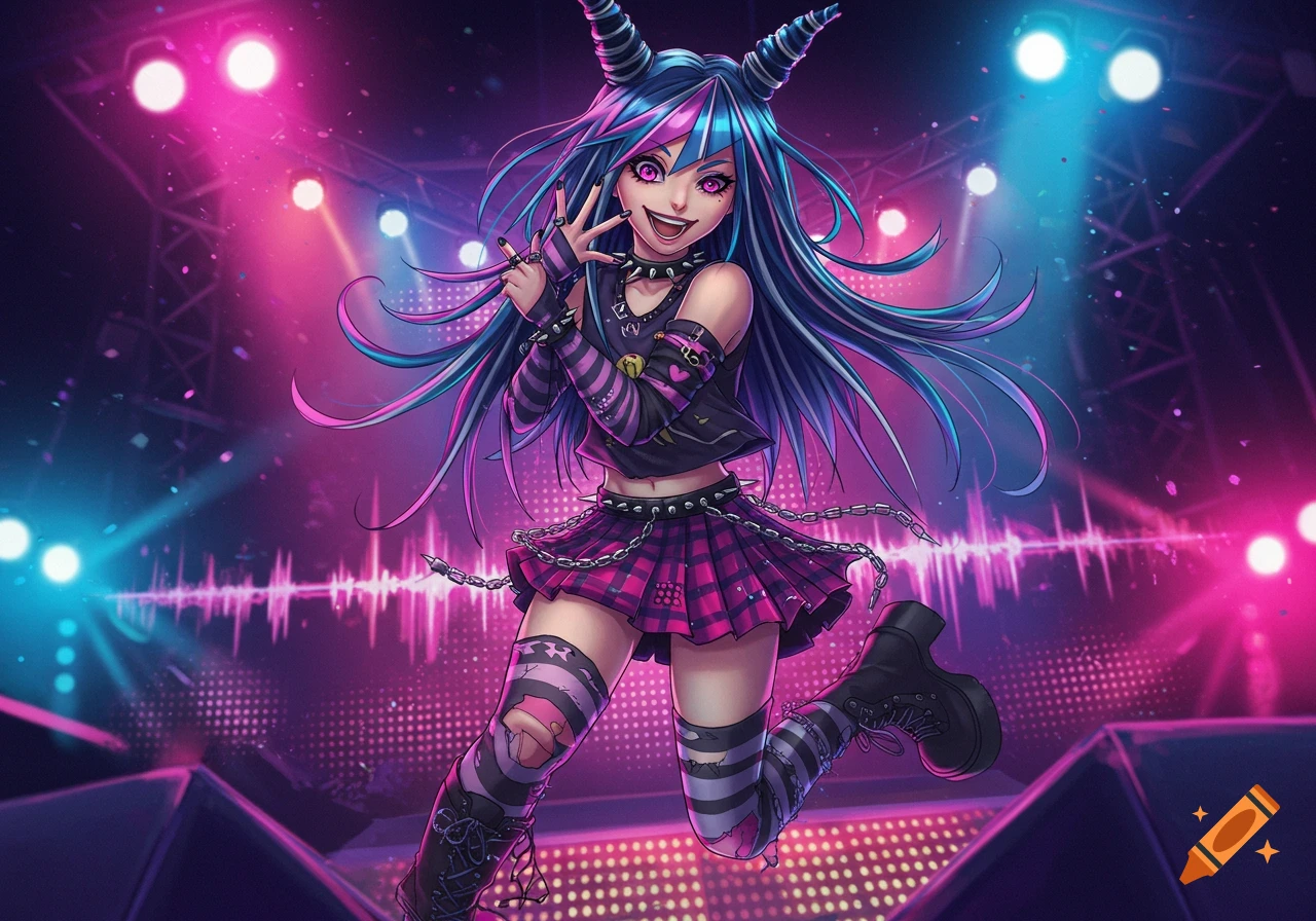 An anime girl with blue and pink hair, horns, and a punk-gothic outfit, jumps on a stage illuminated by pink and blue lights.