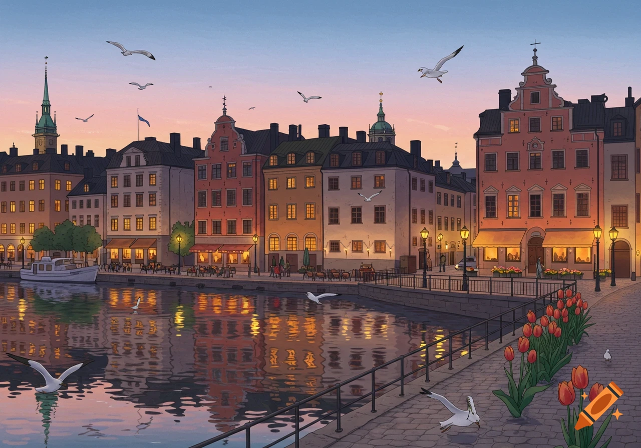An illustrated European-style waterfront cityscape at dusk with illuminated buildings reflected in a canal, a boat, and seagulls flying above.