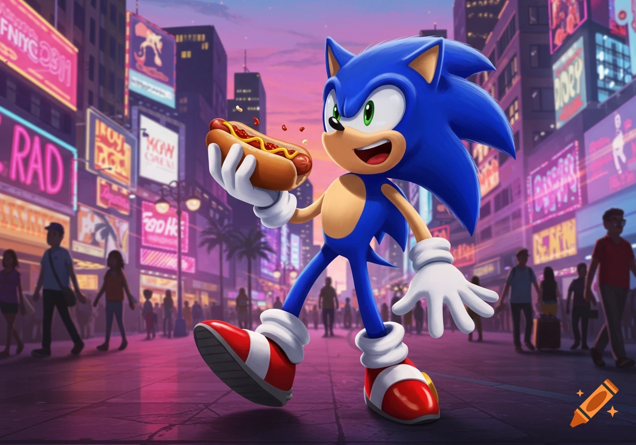 Sonic the Hedgehog holds a chili dog while walking on a neon-lit city street at sunset.