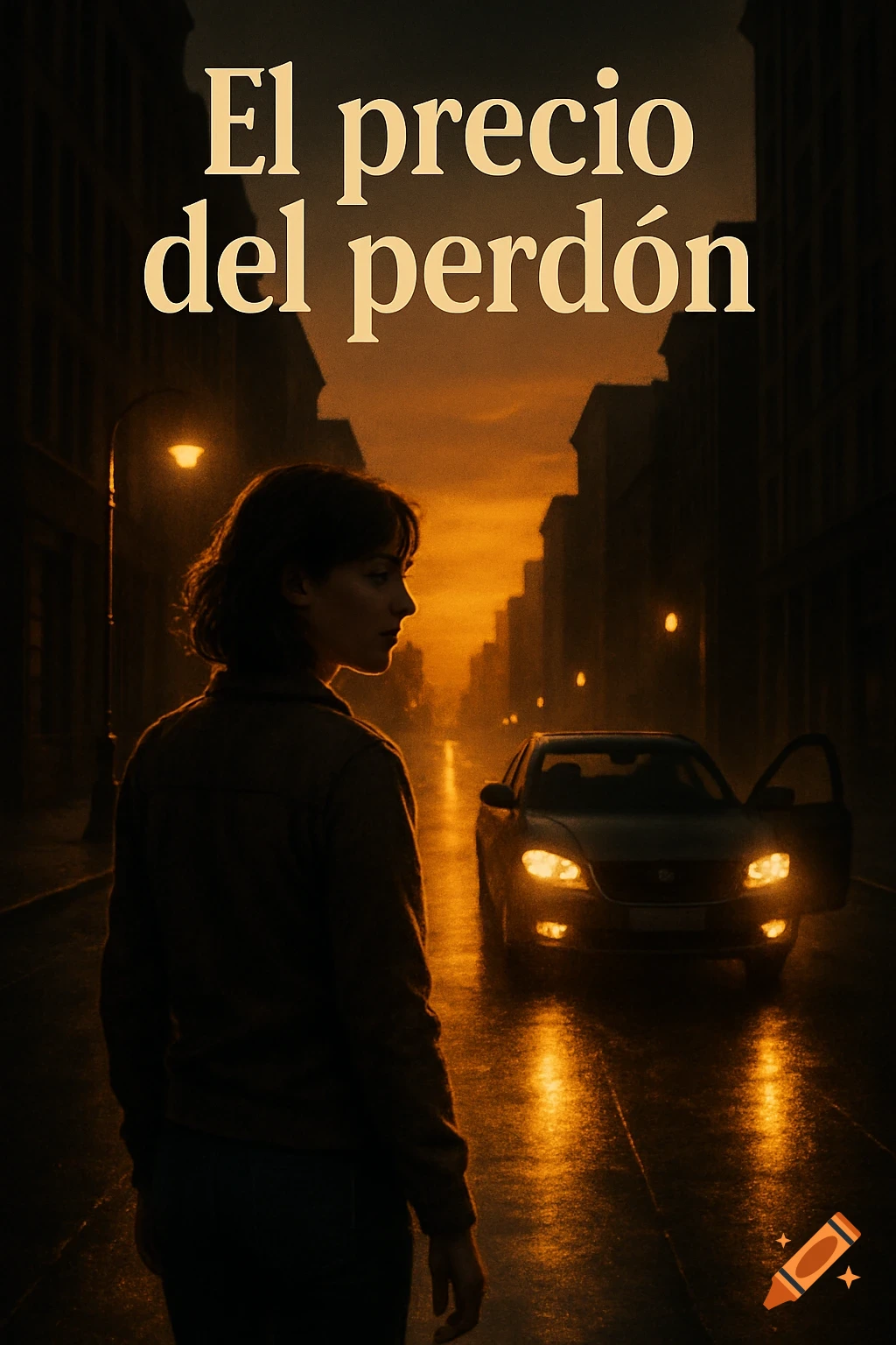 A dramatic movie poster shows a woman in shadows looking at a car with an open door on a wet, dark street at sunset. Text: "El precio del perd "