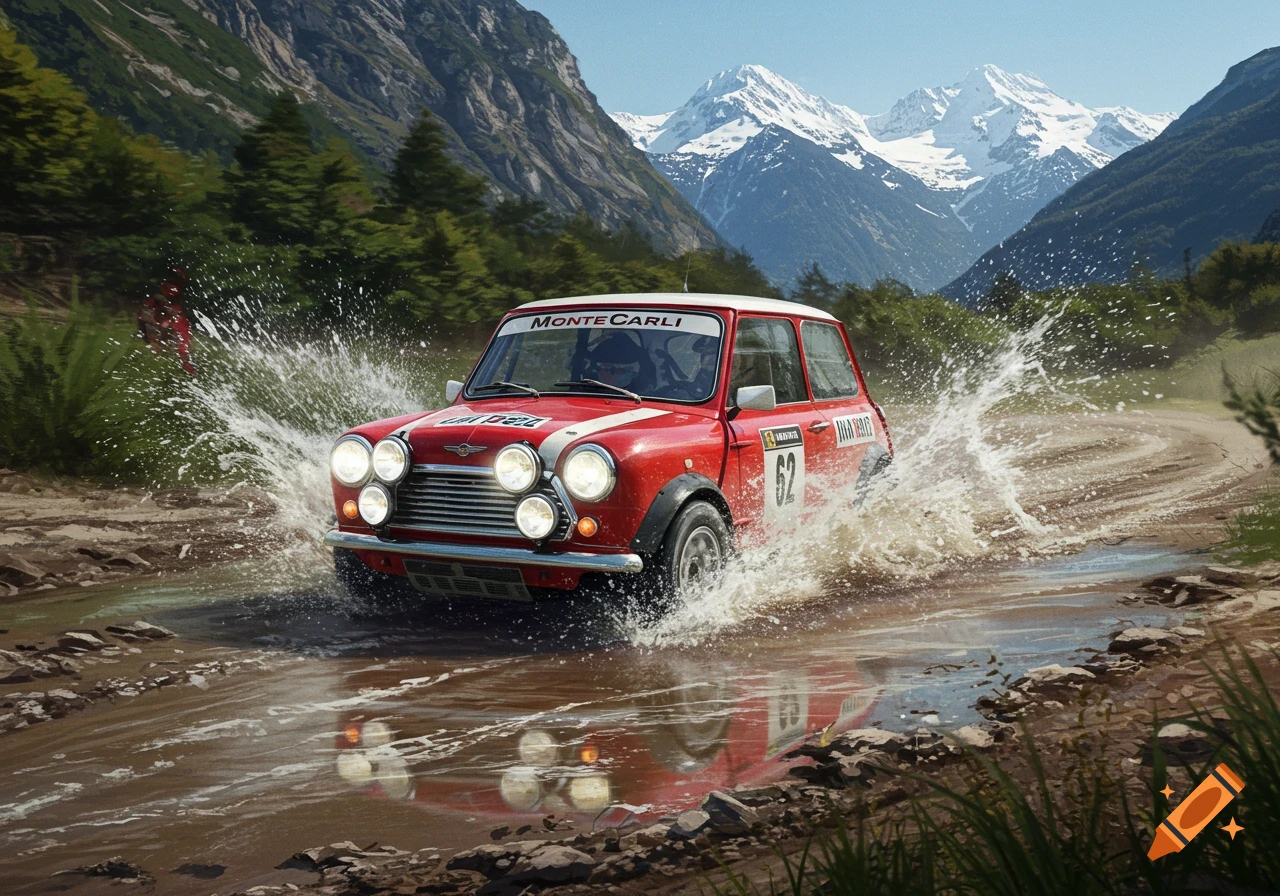 A red Mini Cooper rally car splashes through a muddy river on a dirt track, with green forests and snowy mountains in the background.