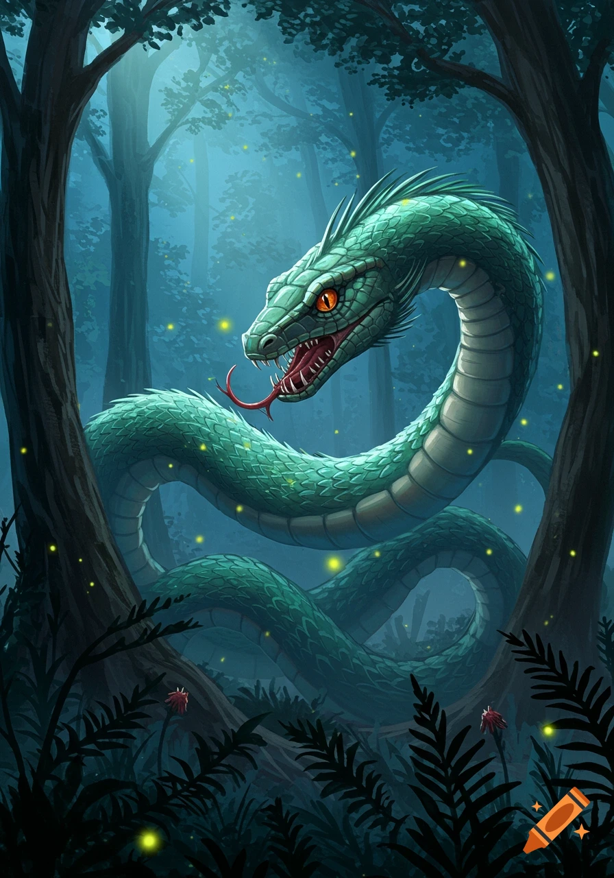 A large green serpent with orange eyes and a red forked tongue emerges from dark, misty fantasy forest with glowing fireflies.
