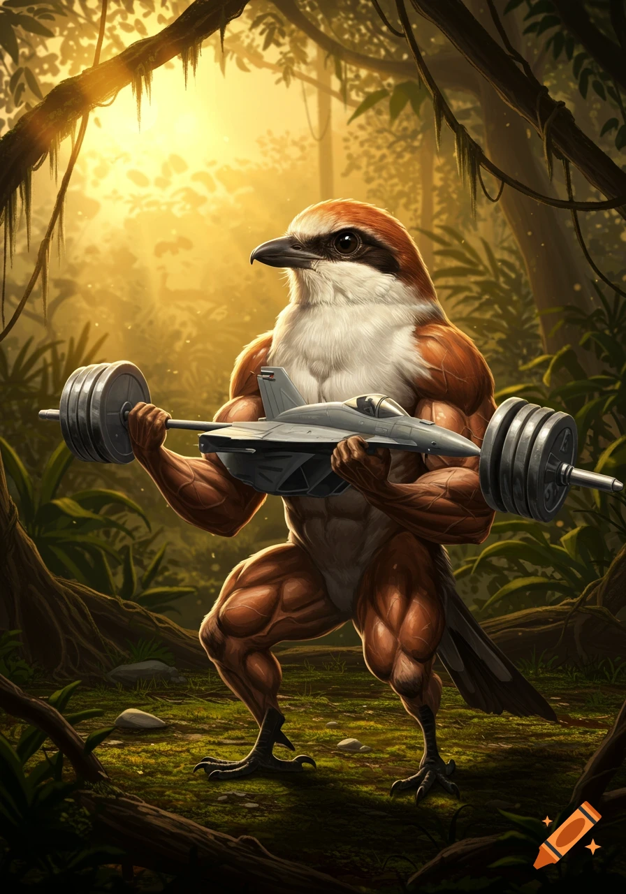 A muscular shrike bird with a human-like body lifts a barbell and an F-18 jet in a lush jungle, digital art style.