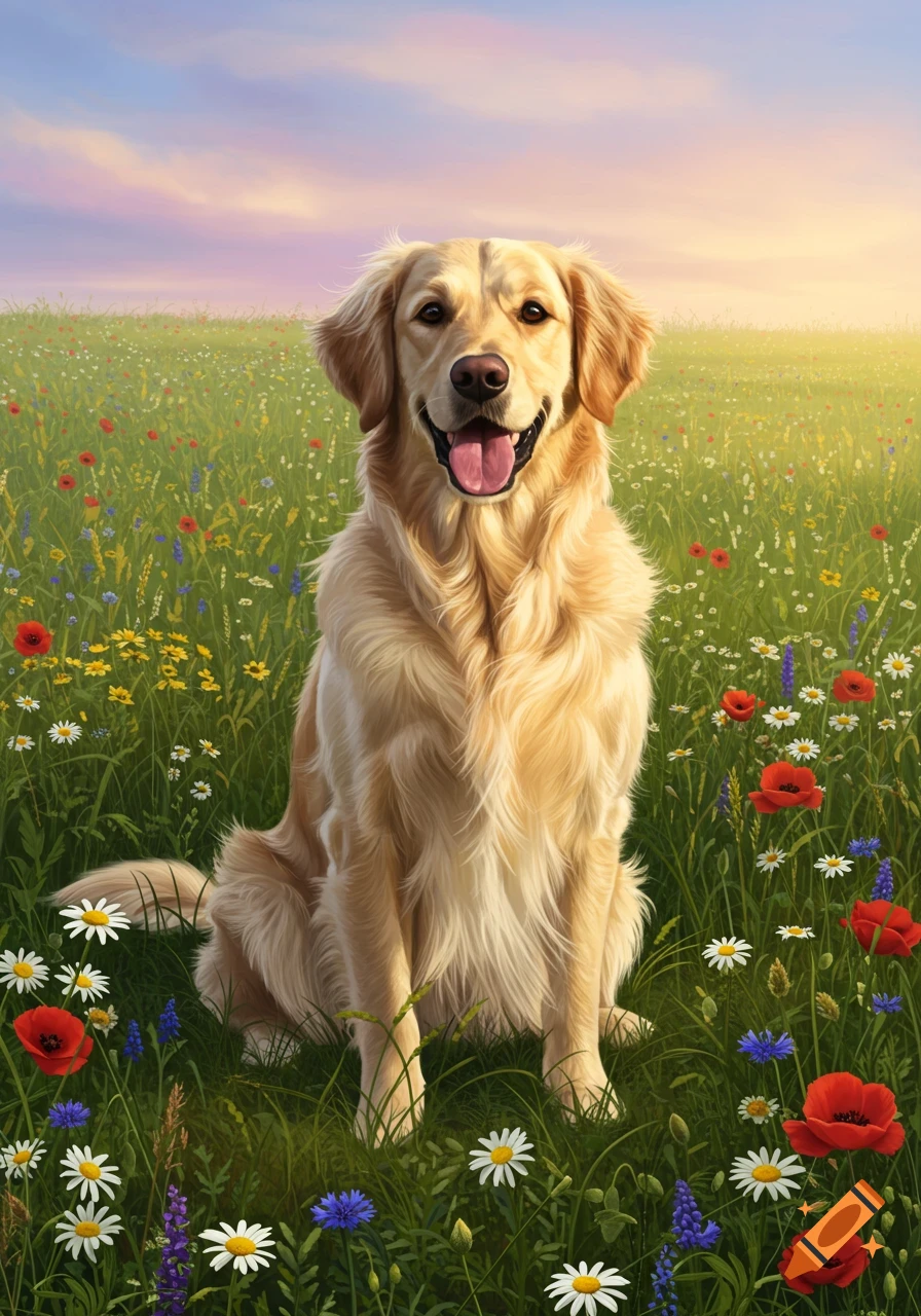 A happy Golden Retriever dog sits in a vibrant meadow of wildflowers under a pastel sunset sky, in a digital painting.