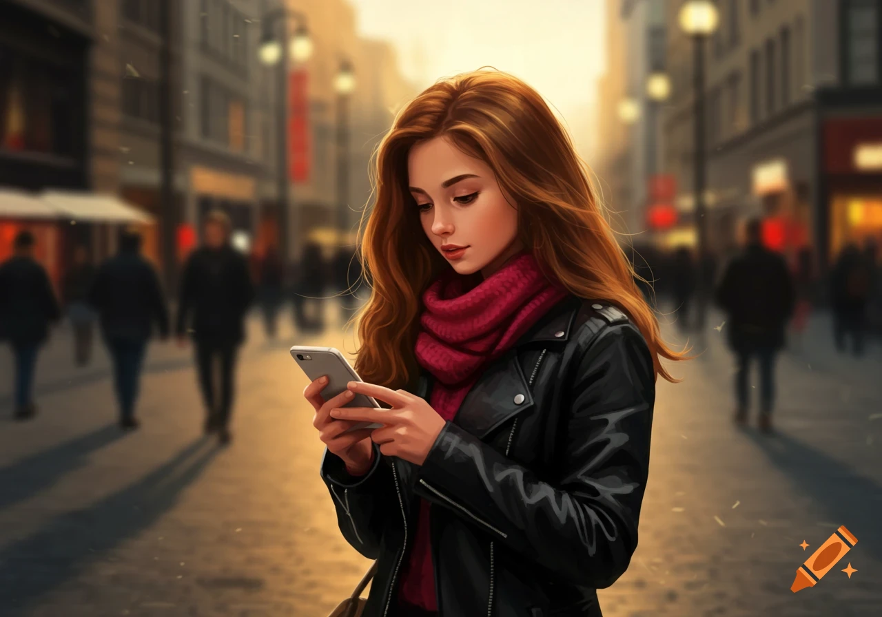 A young woman with long brown hair, wearing a black leather jacket and red scarf, looks at her smartphone on a busy city street.
