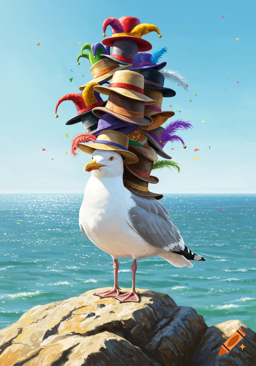 A white seagull stands on a rock by the blue ocean, balancing a towering stack of colorful hats on its head.