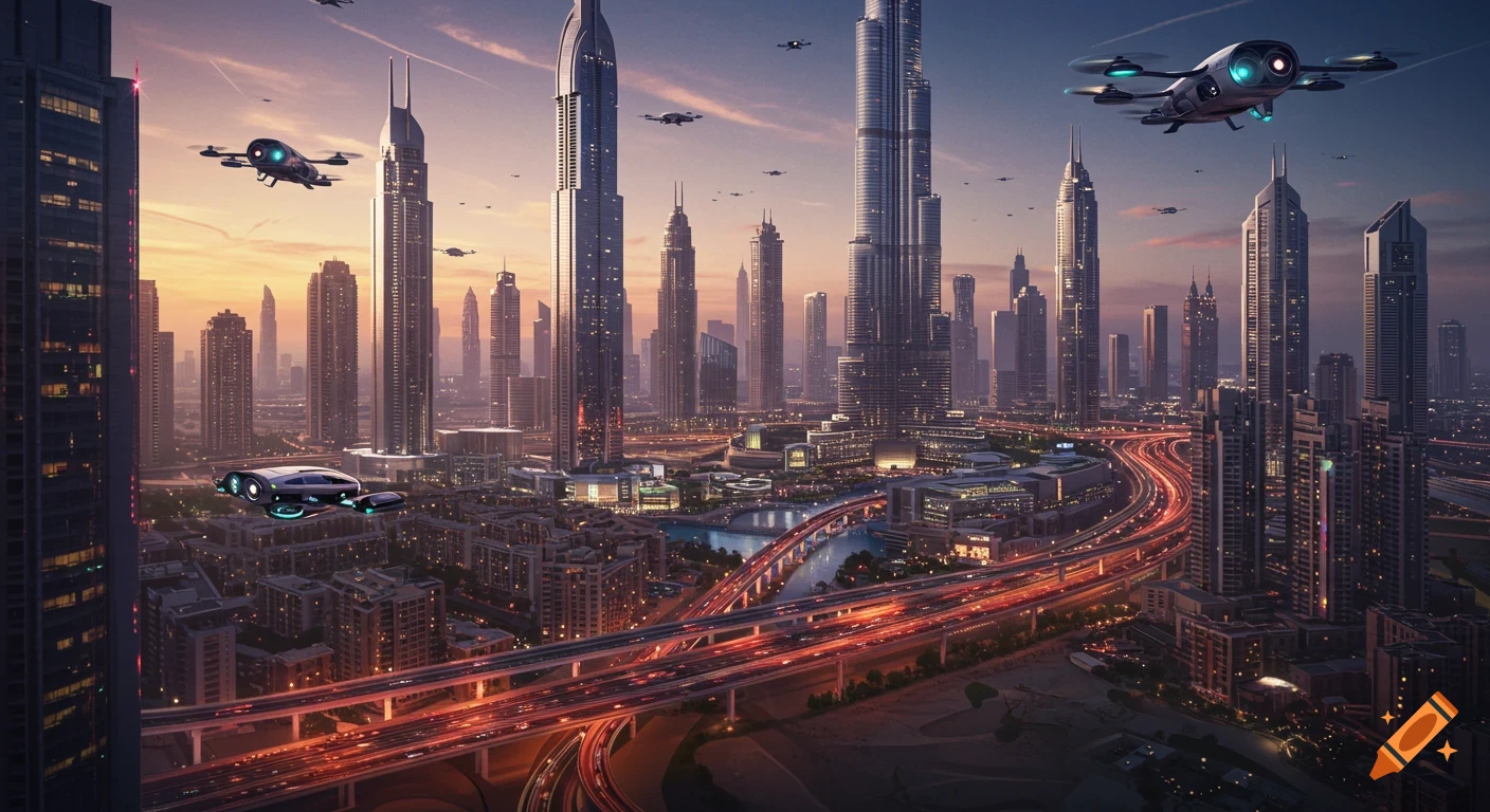 A high-angle view of a futuristic Dubai city at dusk, with towering skyscrapers, glowing bridges, and multiple flying drones and taxis.