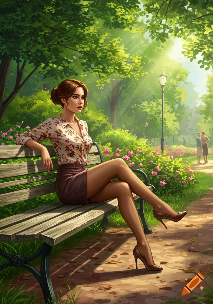 A digitally illustrated brunette woman in a floral blouse, miniskirt, and high heels sits on a park bench on a sunny day.
