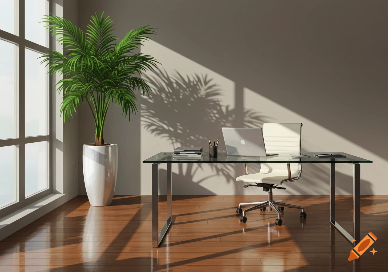 A modern office interior with a glass desk, a white office chair, a laptop, and a tall potted palm tree by a large window.