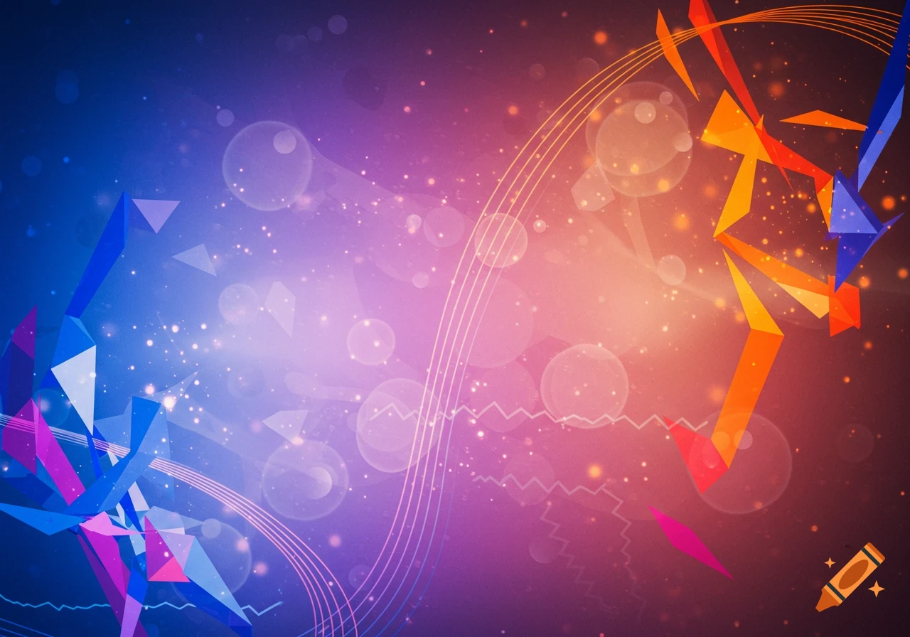 Abstract background with blue, purple, orange, and red gradient, geometric shapes, particles, and wavy lines.