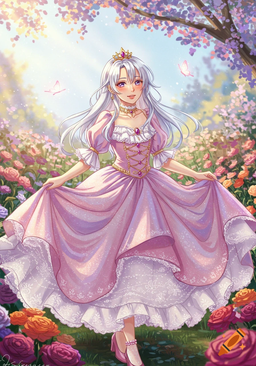 An anime princess with long white hair in a pink dress stands in a vibrant flower garden with butterflies.
