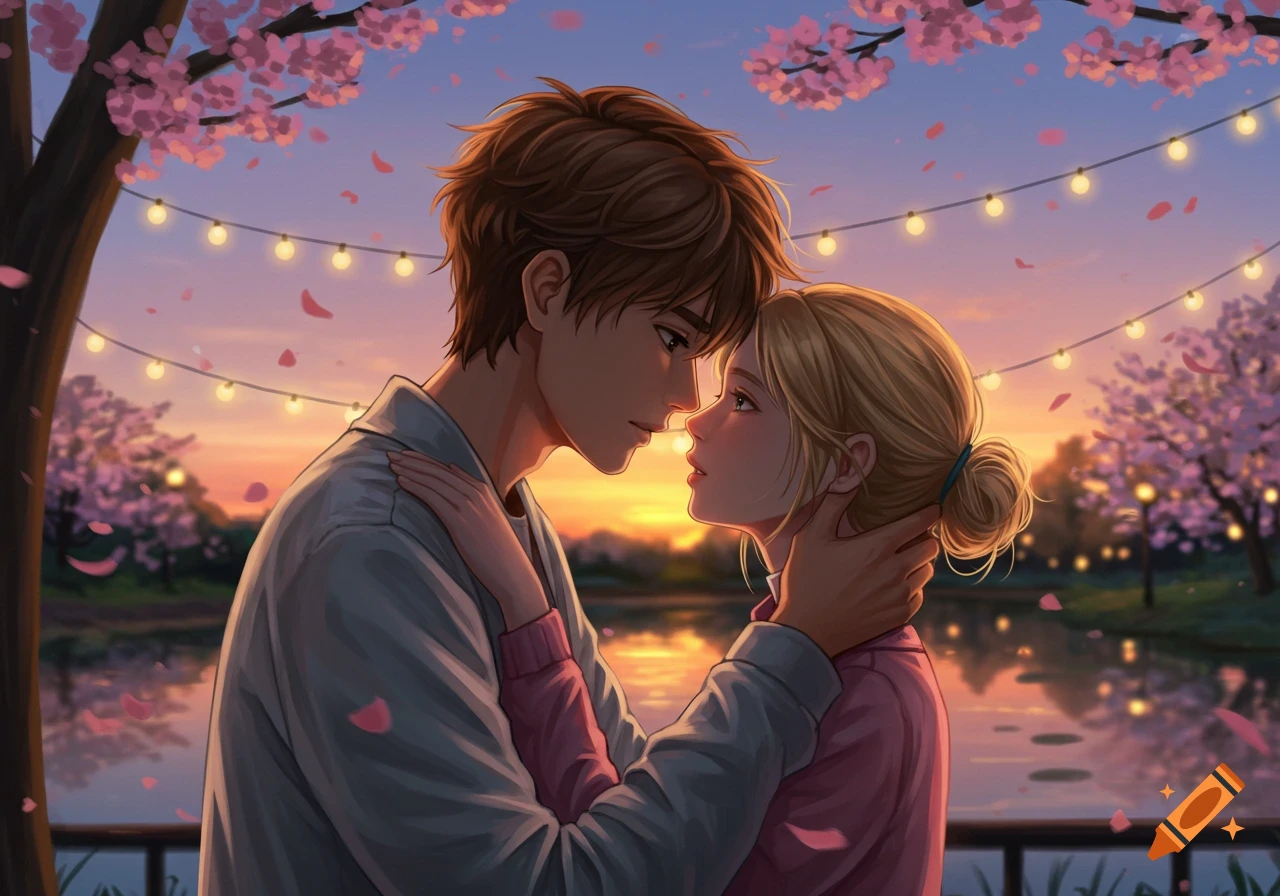 Anime illustration of a young couple embracing by a lake at sunset, surrounded by cherry blossoms and string lights.
