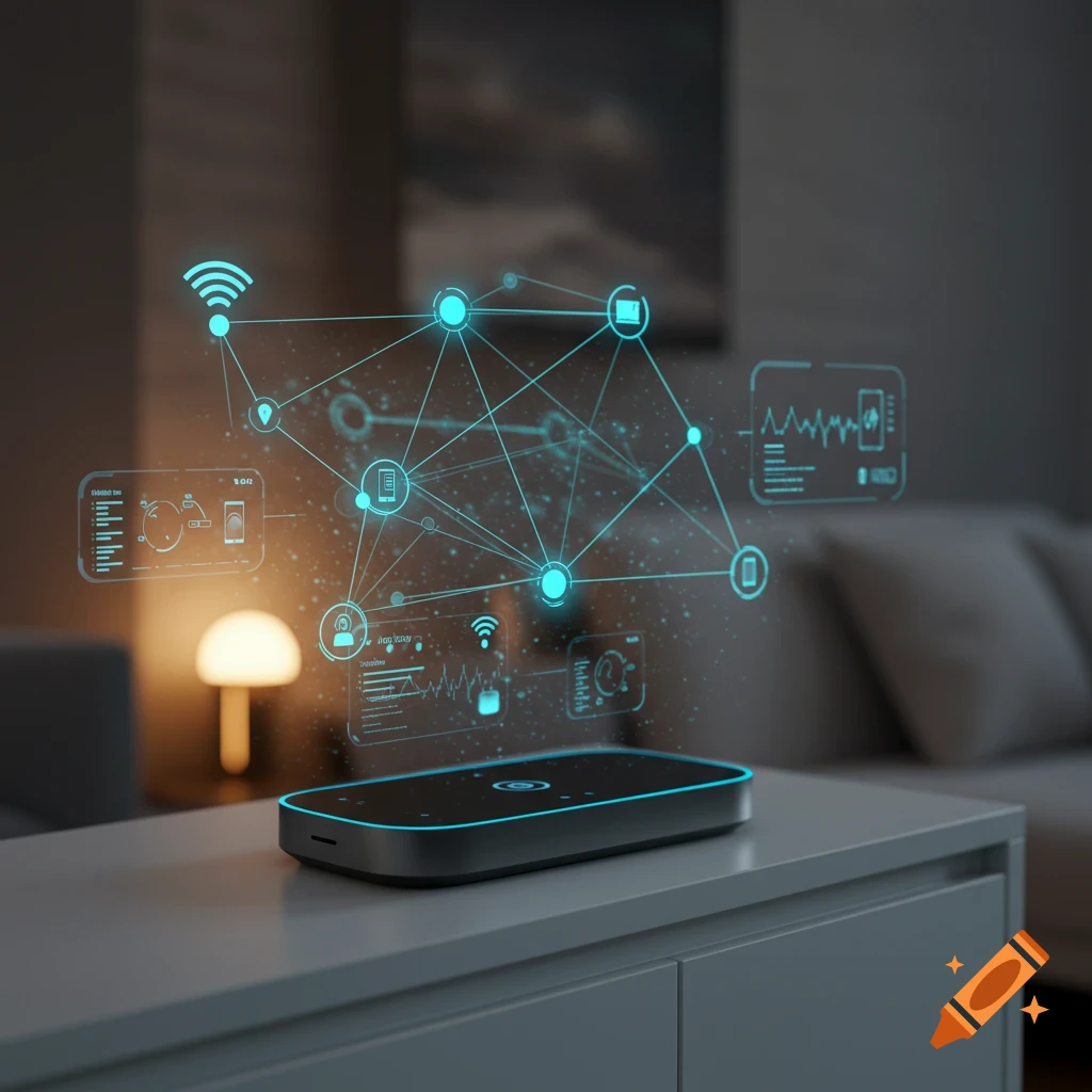 A black smart home assistant device on a white table, projecting a blue holographic network with data visualizations in a dimly lit room.