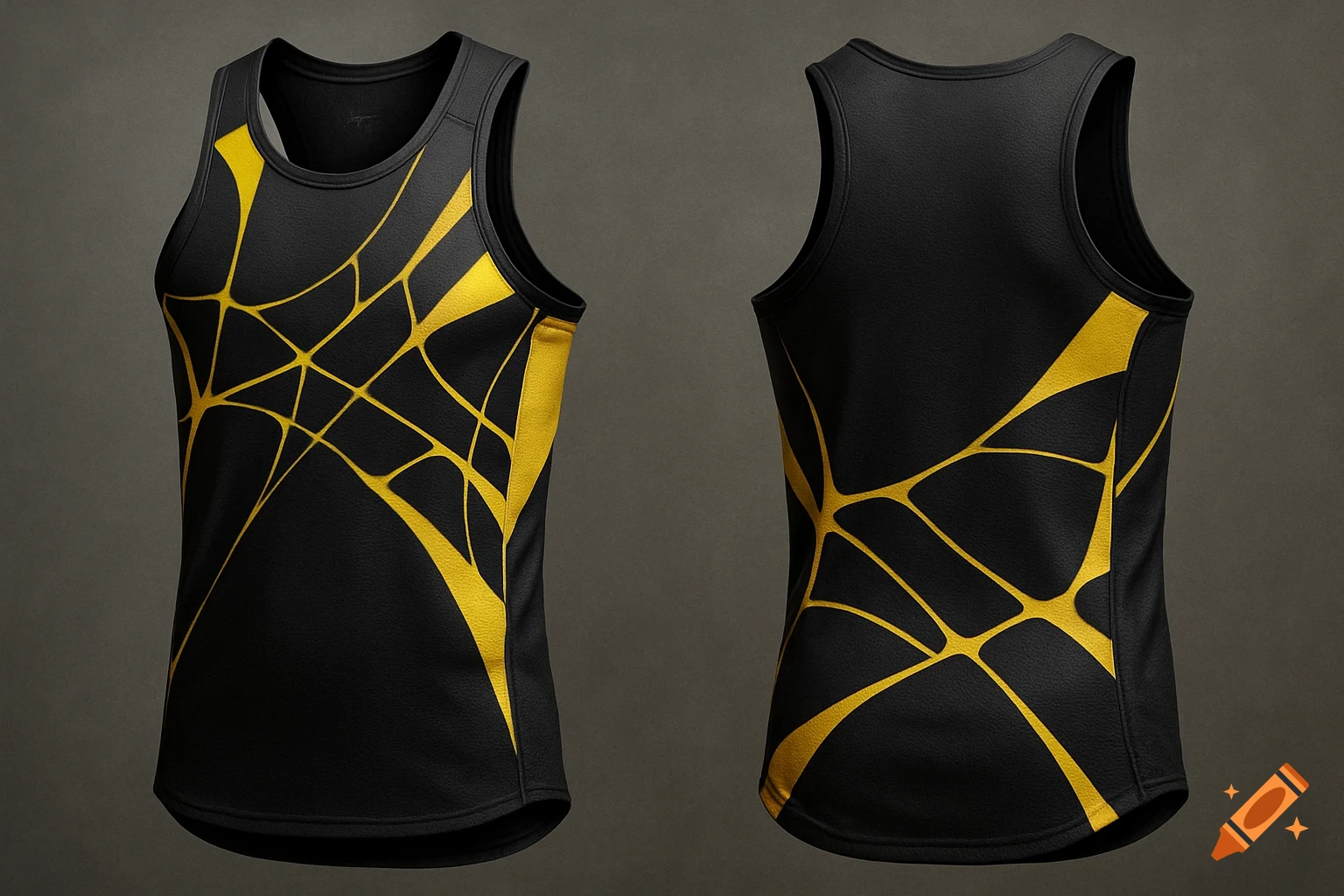 Black and yellow sleeveless running singlet with dynamic, abstract web-like patterns on both front and back, shown against a dark background.